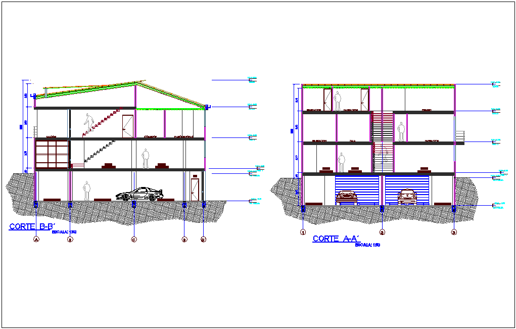 Section with different axis view for house building with office area dwg file