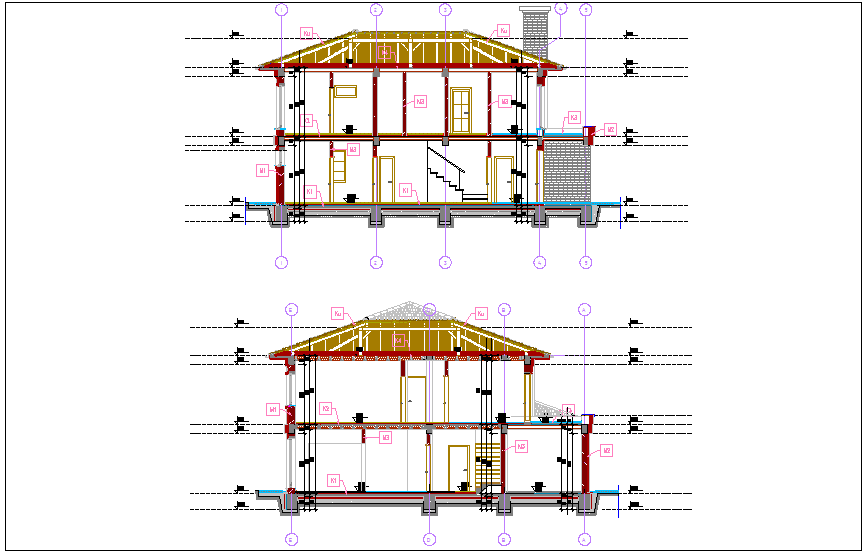 Section with different axis view for housing dwg file