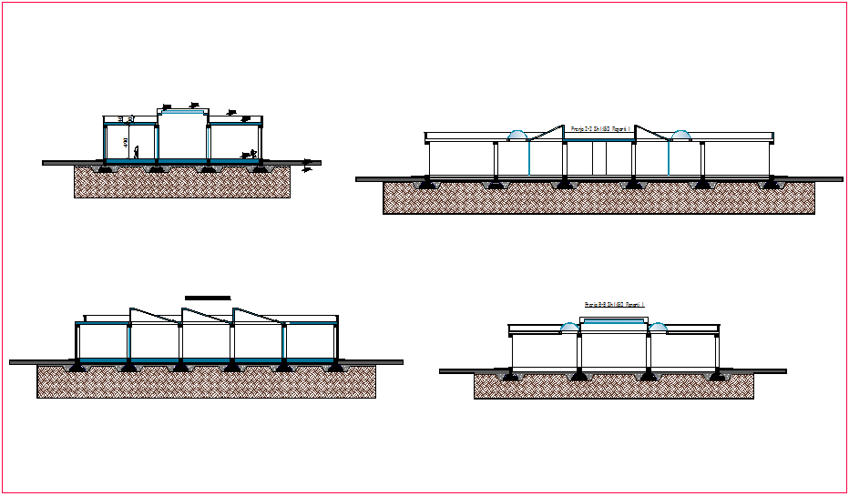 Section with different axis view for industrial building dwg file