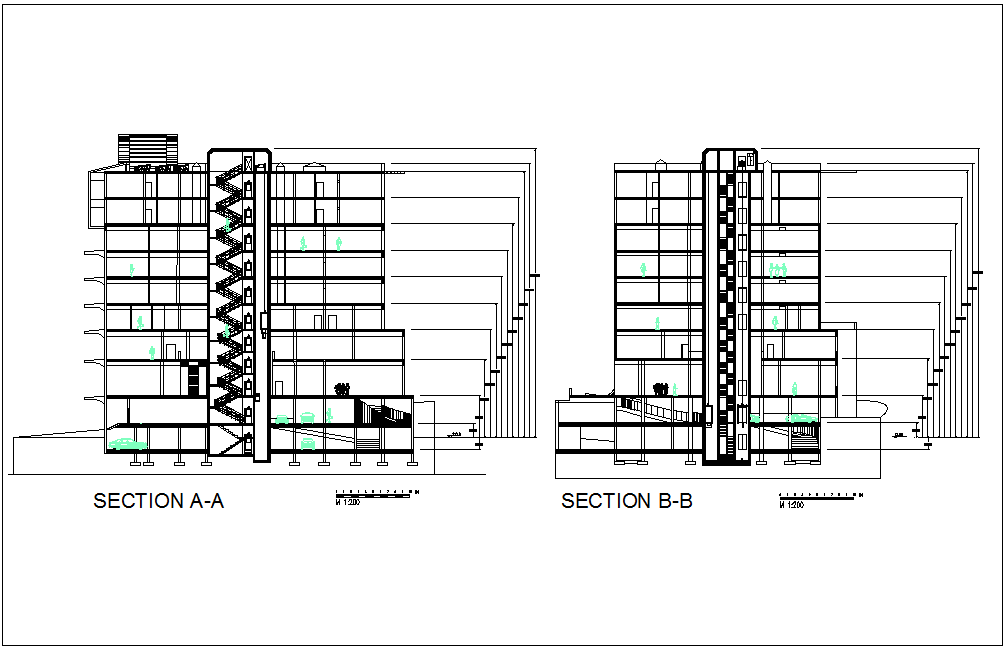 Section with different axis view for mixed used building dwg file