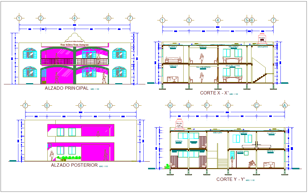 Section with different axis view for municipal building dwg file