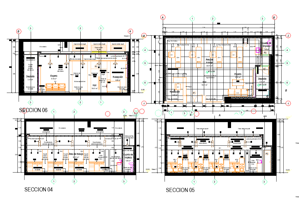 Section with different axis view for office area building dwg file