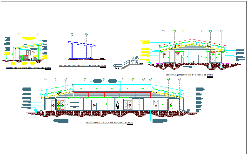Section with different axis view for office building dwg file