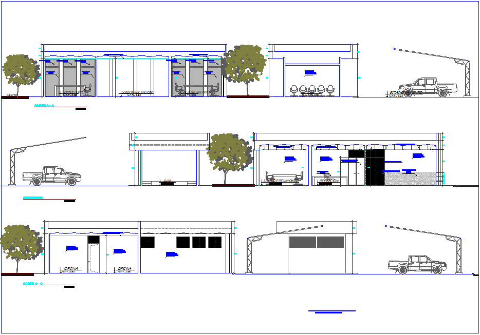Section with different axis view for office building dwg file