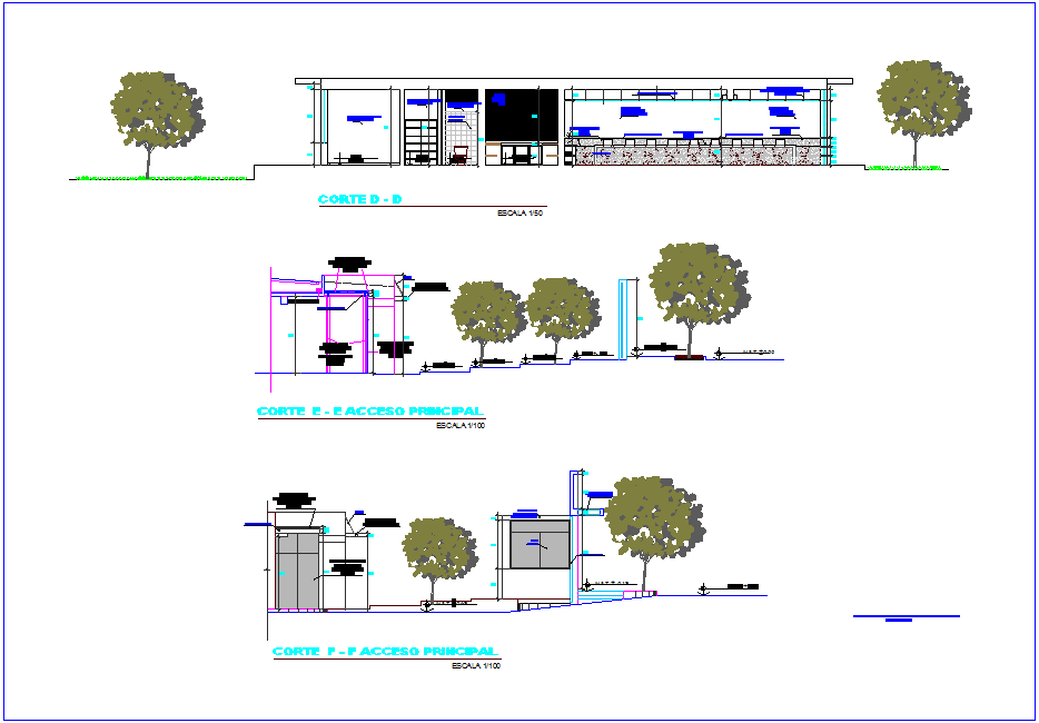 Section with different axis view for office building dwg file