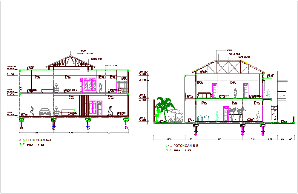 Section with different axis view for office building dwg file