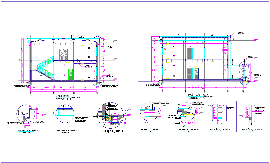 Section with different axis view for office building dwg file