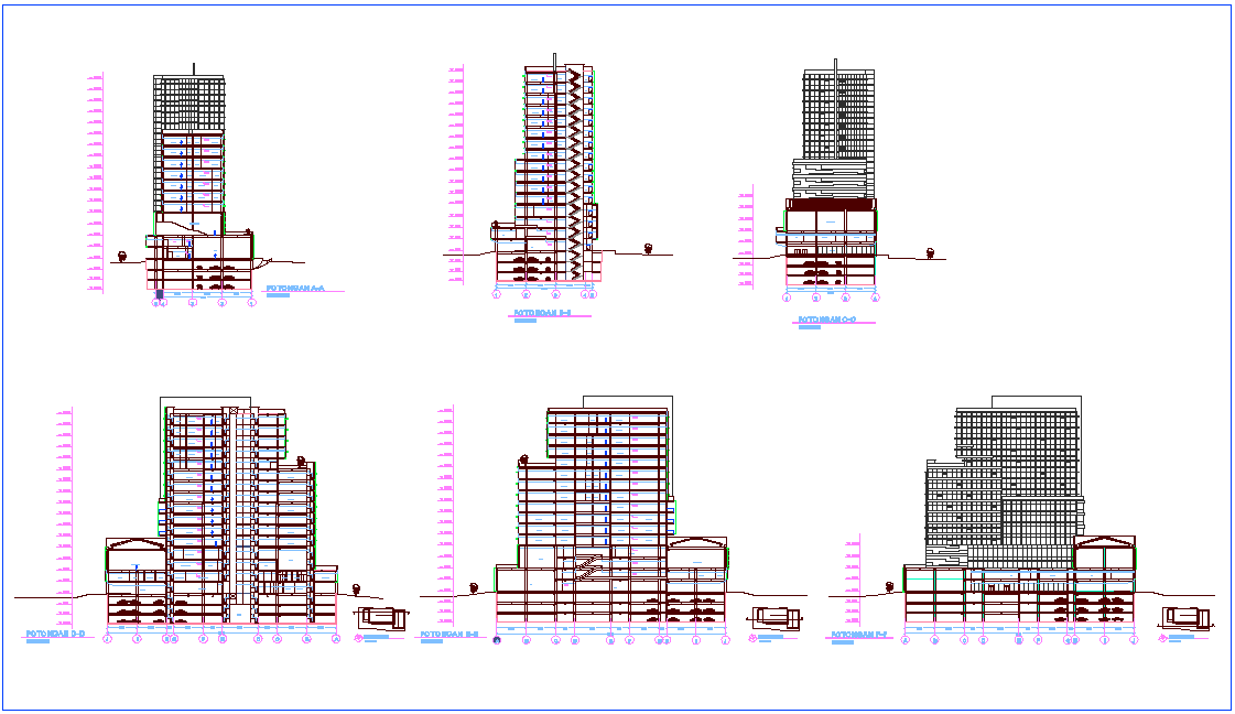Section with different axis view for office building dwg file