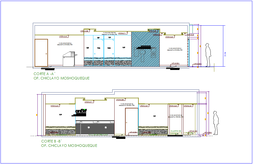 Section with different axis view for office building dwg file
