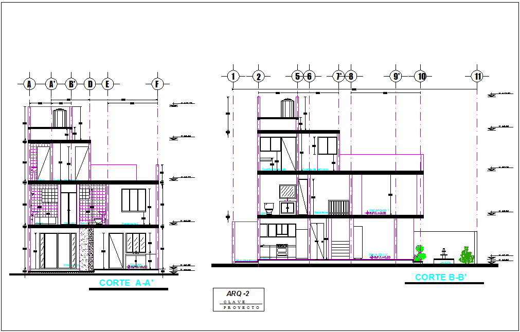 Section with different axis view for residence building for architecture 2 dwg file