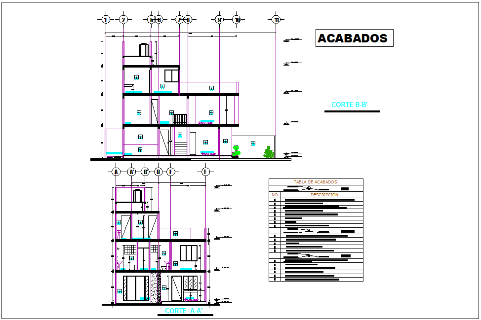 Section with different axis view for residence building for finishing plan dwg file