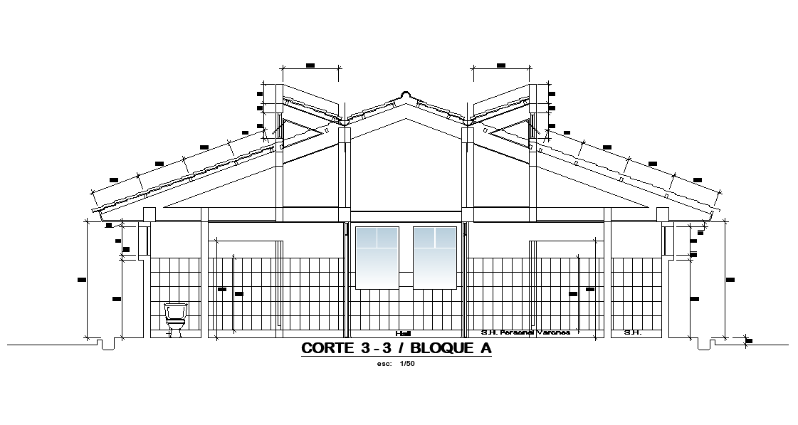Section 3 to 3 view of 18x11m hospital obstetric center is given in this AutoCAD drawing model.Download now.