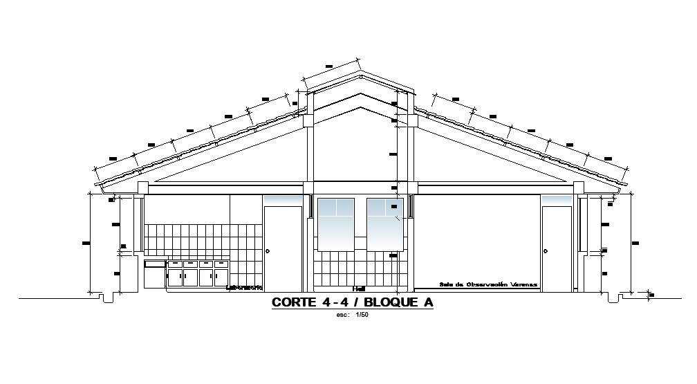 Section 4 to 4 view of 18x11m hospital obstetric center is given in this AutoCAD drawing model.Download now.