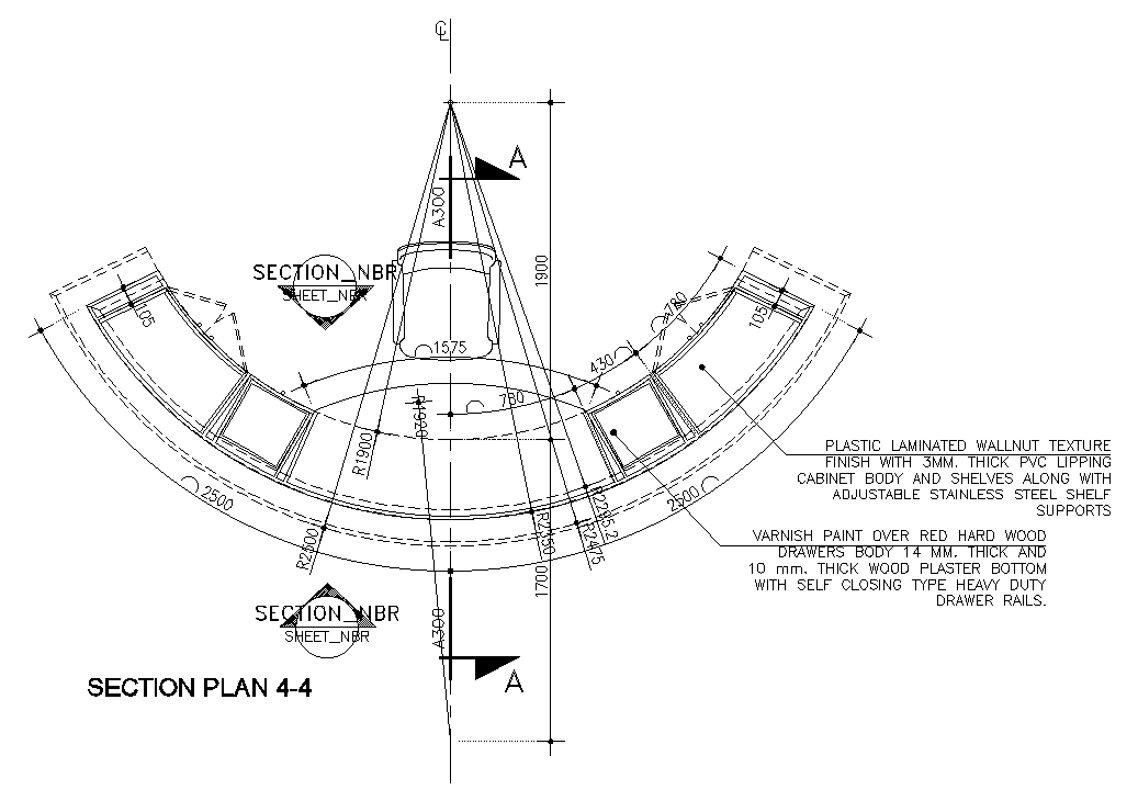 Section 4 to 4 view of Counter wall is given in this AutoCAD drawing model. Download the Autocad file.