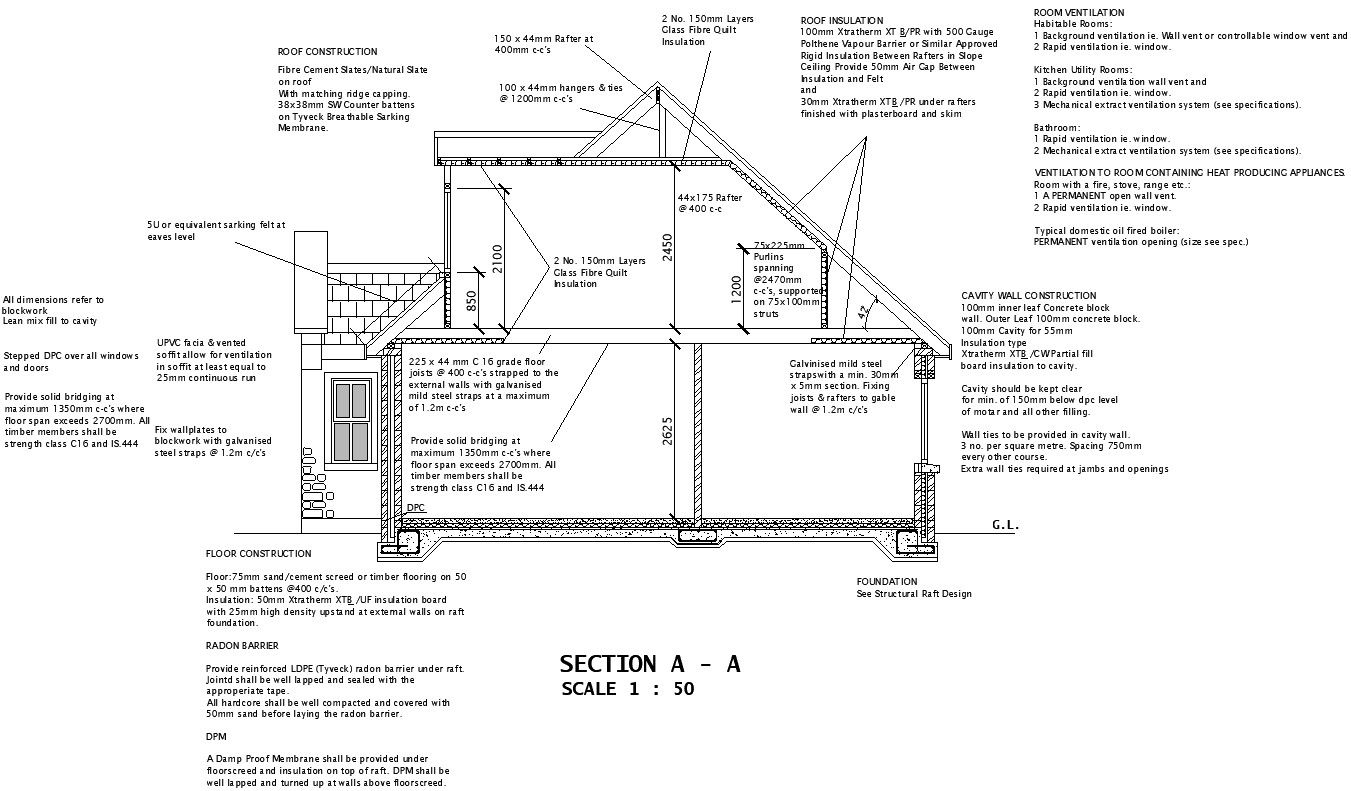 Section AA of house design in detail AutoCAD drawing