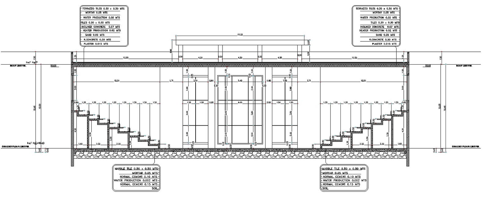 Section A-A of sports club design in detail AutoCAD 2D drawing, CAD file, dwg file