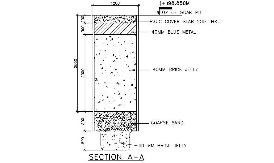 Section A-A view of the septic tank is given in this 2D AutoCAD DWG drawing file. Download the Autocad DWG drawing file.