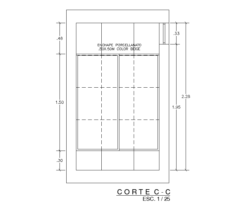 Section C to C of 2.76x1.6m toilet plan is available in the autocad 2d drawing model. Download now.