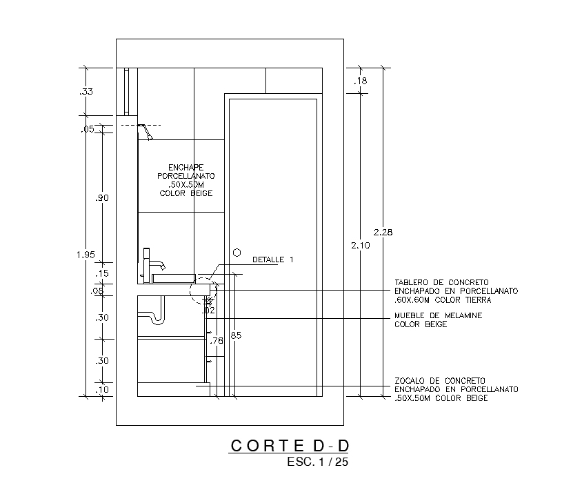 Section D to D of 2.76x1.6m toilet plan is available in the autocad 2d drawing model. Download now.