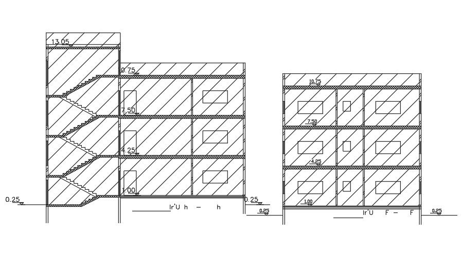 Section Of 14x13 Meter Apartment Building DWG File