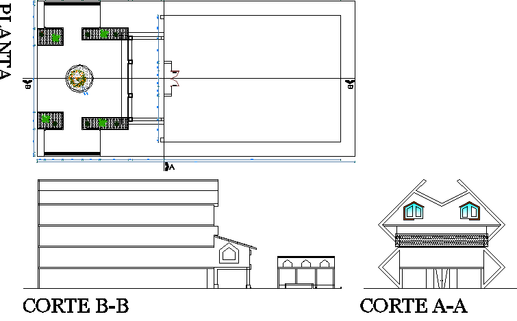 Sectional A-A and B-B details with plan of economic office building dwg file