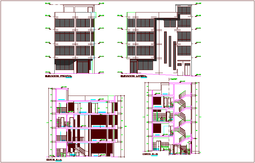 Sectional and elevation view of corporate building dwg file