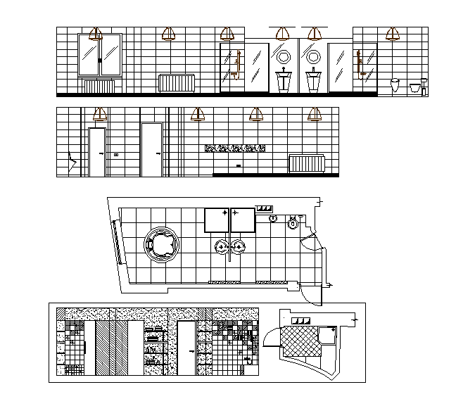 Sectional detail and elevation of a bathroom dwg file