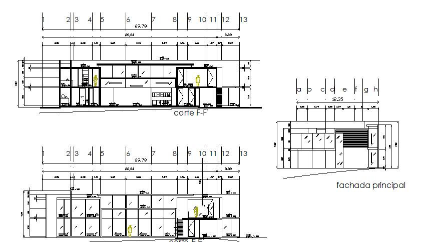 Sectional detail and elevation of a building