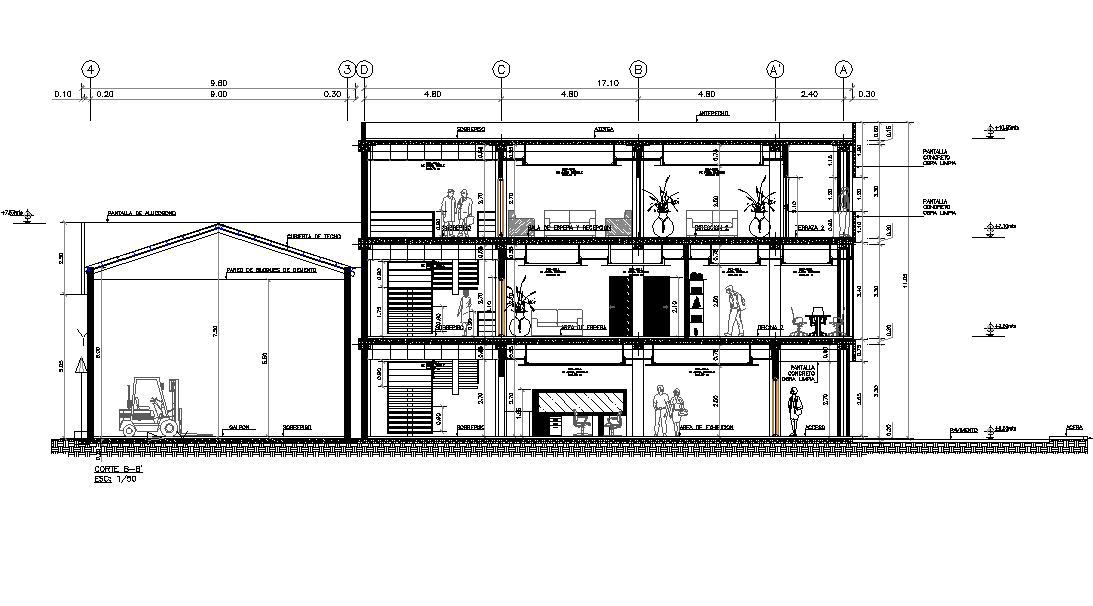 Sectional detail and elevation of a building dwg file