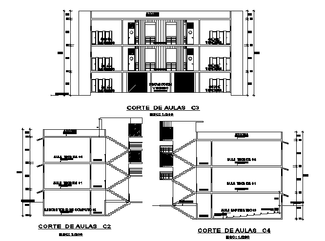 Sectional detail and elevation of a building dwg file
