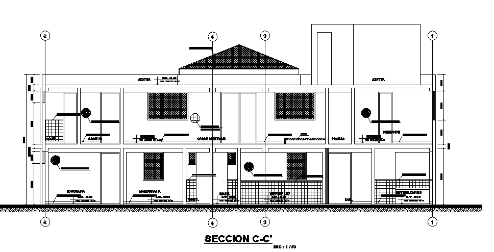 Sectional detail and elevation of a building dwg file