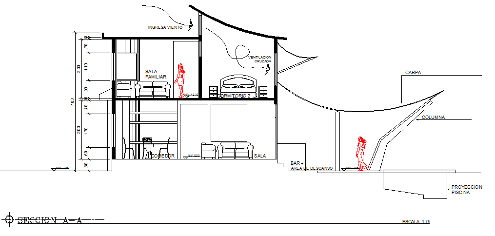 Sectional detail and elevation of a house dwg file