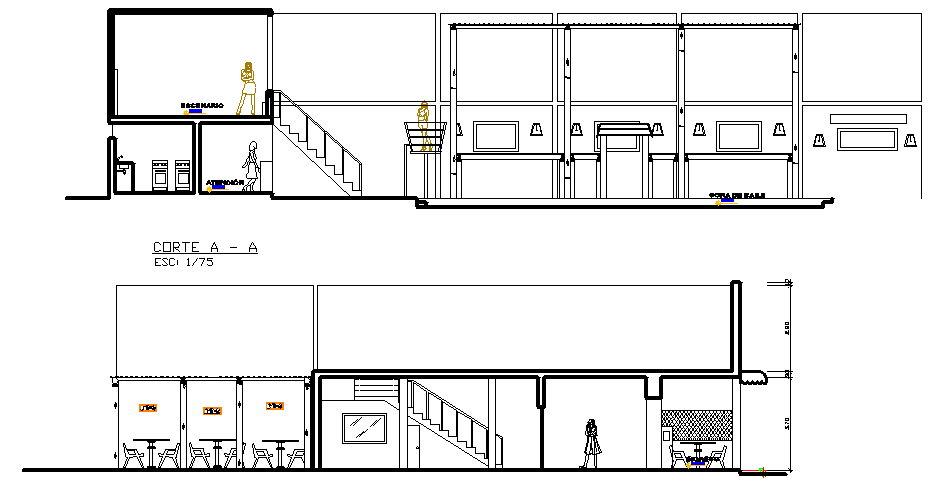 Sectional detail and elevation of a restaurant dwg file