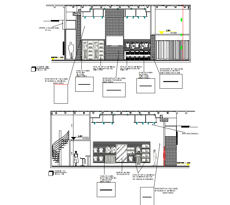 Sectional detail and elevation of a store