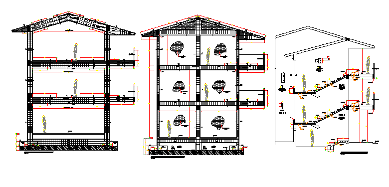 Sectional details of side cuts of school, staircase construction dwg file