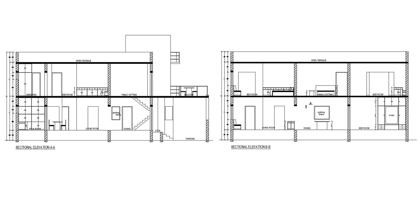 Sectional elevation drawing of 2 storey house in dwg file