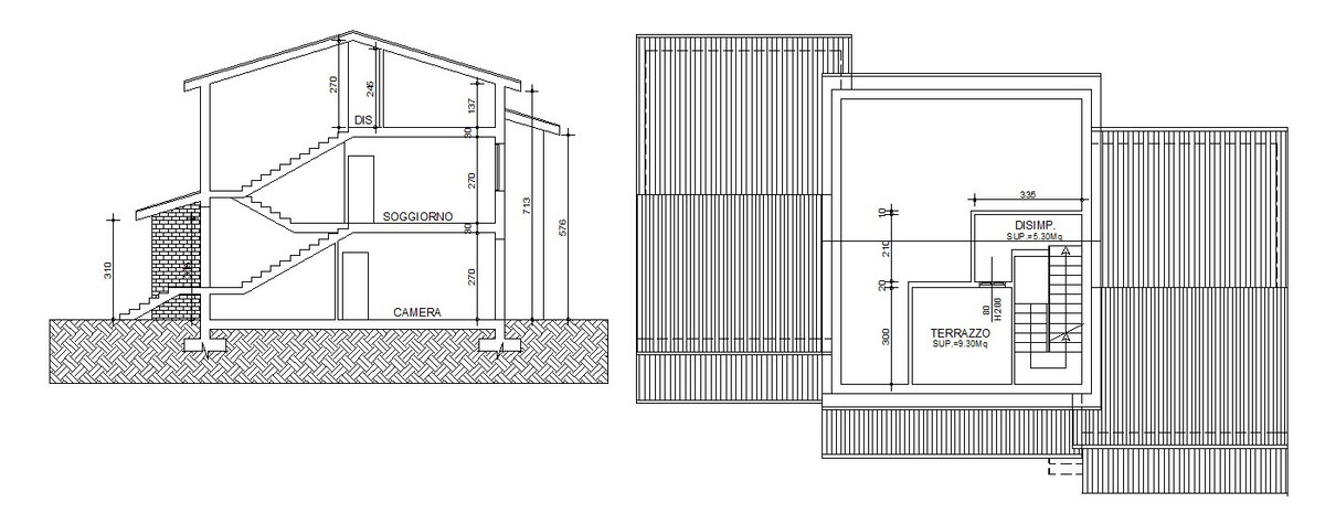 Sectional elevation of a bungalow in AutoCAD