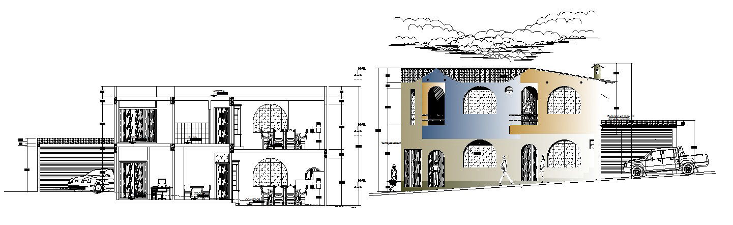 Sectional elevation of a bungalow in dwg file