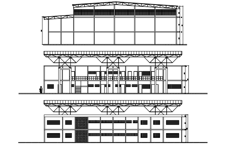 Sectional elevation of a sports center in dwg file