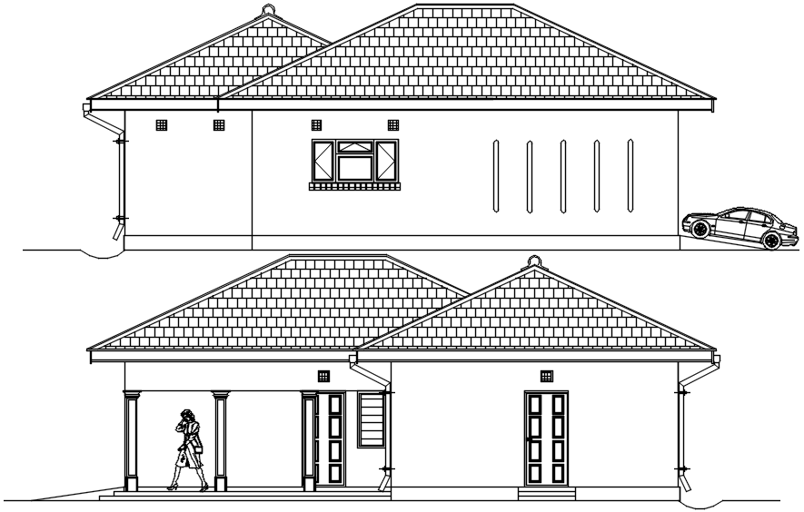 Sectional elevation of bungalow in autocad