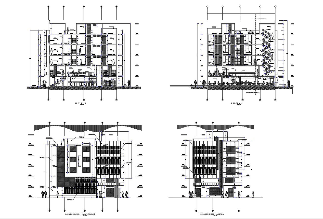 Sectional elevation of hotel in dwg file