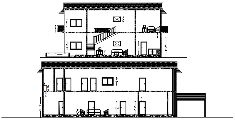 Sectional elevation of house in autocad