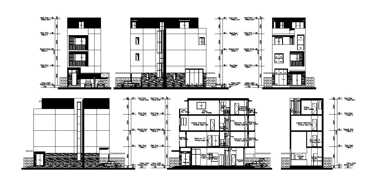 Sectional elevation of residential apartment in autocad