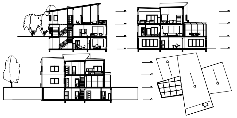 Sectional elevation of the residential bungalow in dwg file