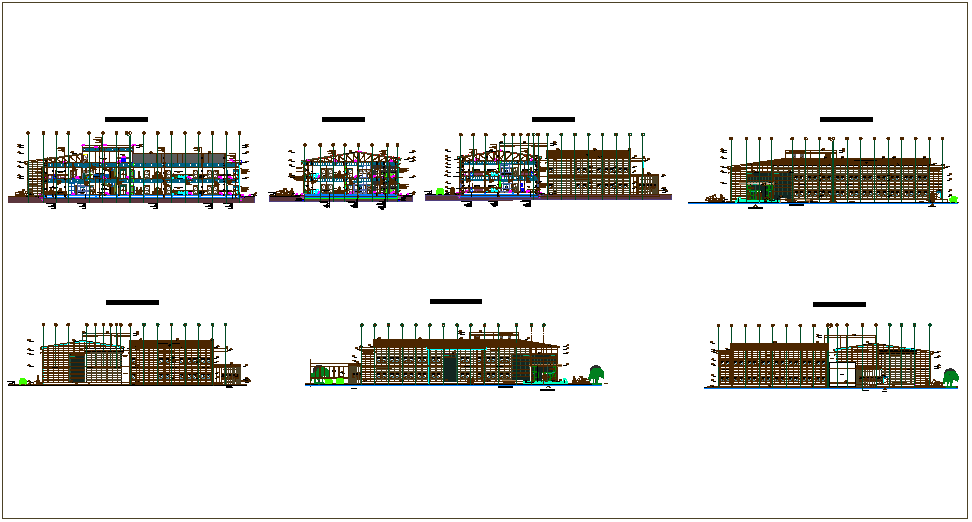 Sectional elevation view of corporate building dwg file
