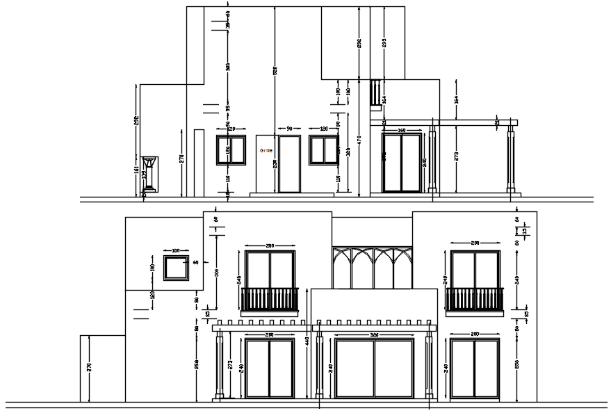 Sectional elevations of bungalow in dwg file