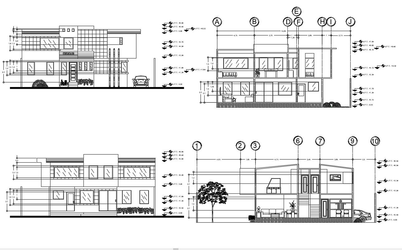 Sectional elevations of bunglow in dwg file