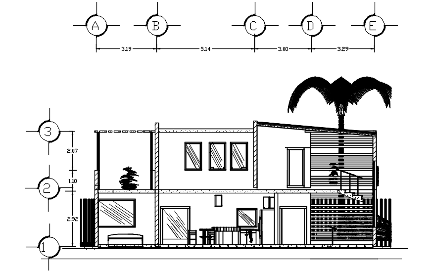Sectional elevations of bunglow in dwg file