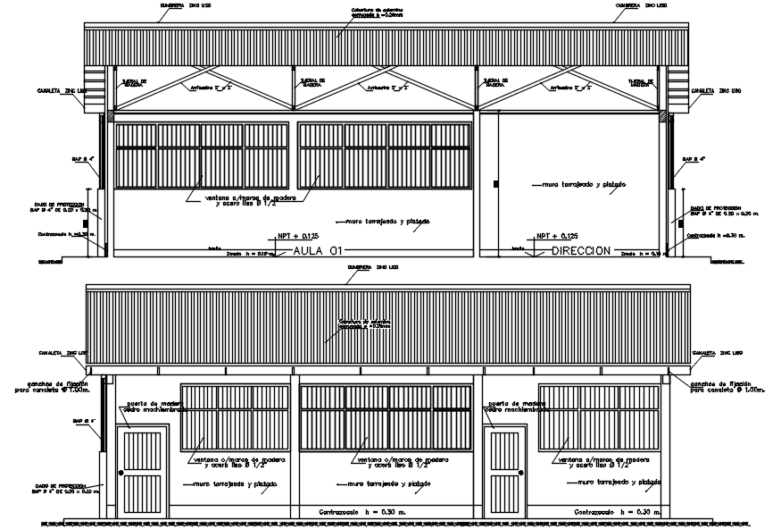 Sectional elevations of bunglow in dwg file