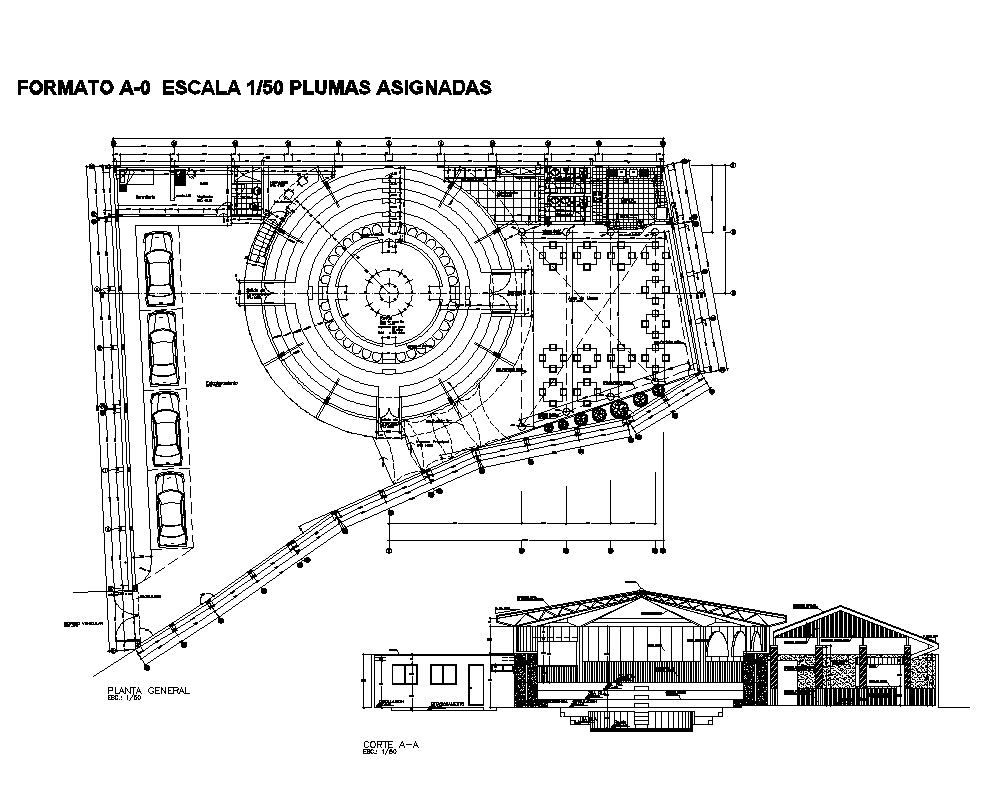 Sectional plan of commercial building detail 2d view layout dwg file